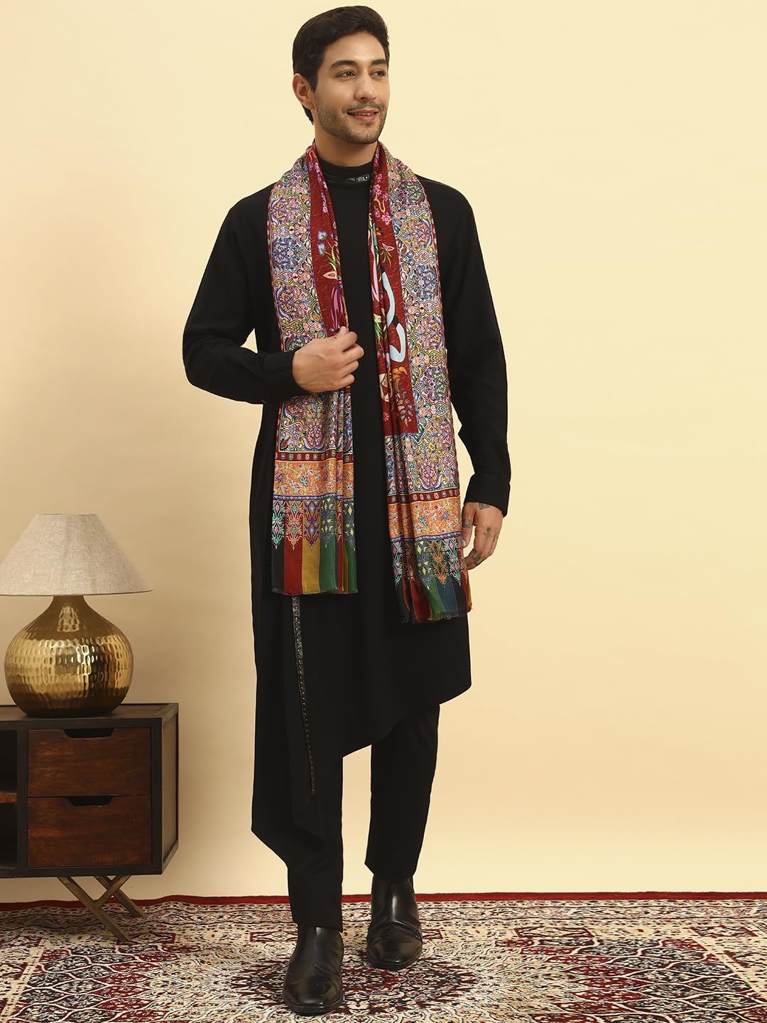 Pashmoda Men Royal Fine Soft Bamboo Fibre Stole, Multicoloured Design, Evening Wrap, Luxury Pashmina Style Scarf, Wrap, Sustainable and Natural Fabric (Size 28x80, Brown colour) MISST31