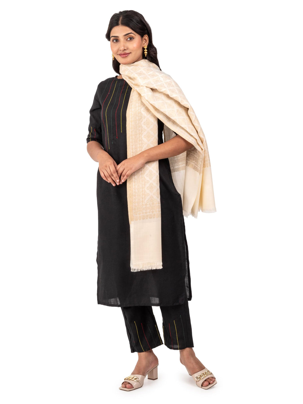 Naureen Women Pashmina Blend Zari Shawl, Warm and Soft, 40x80 inch