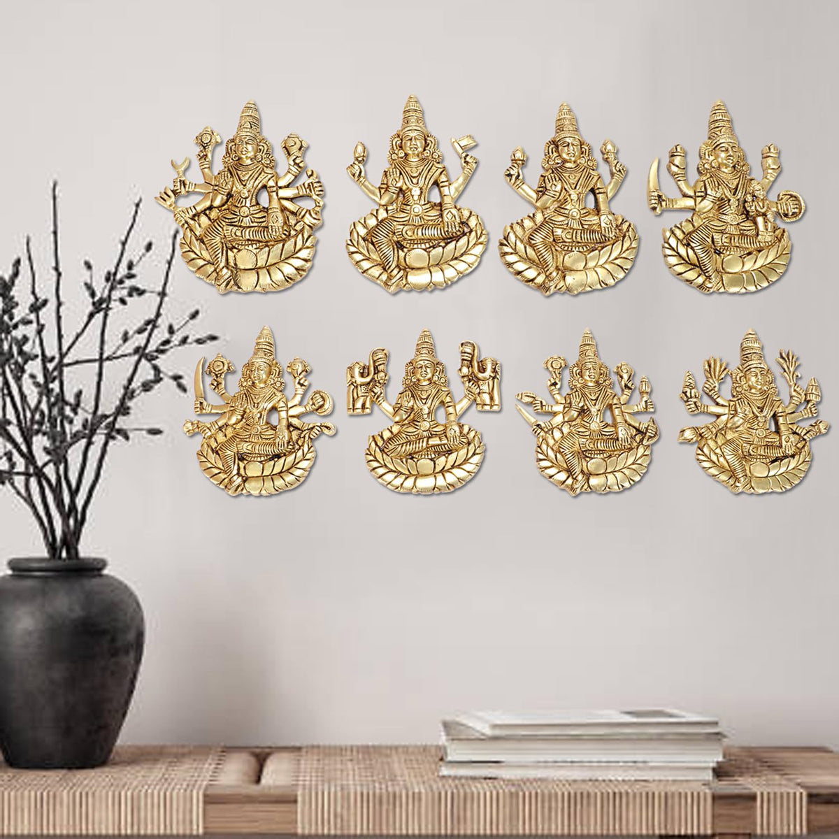 SVARUP Brass Goddess Ashtalakshmi Statue Wall Hanging Ashta Lakshmi (Set of 8) Asthalakshmi for Diwali Puja Mandir Gift (11x14 cm)