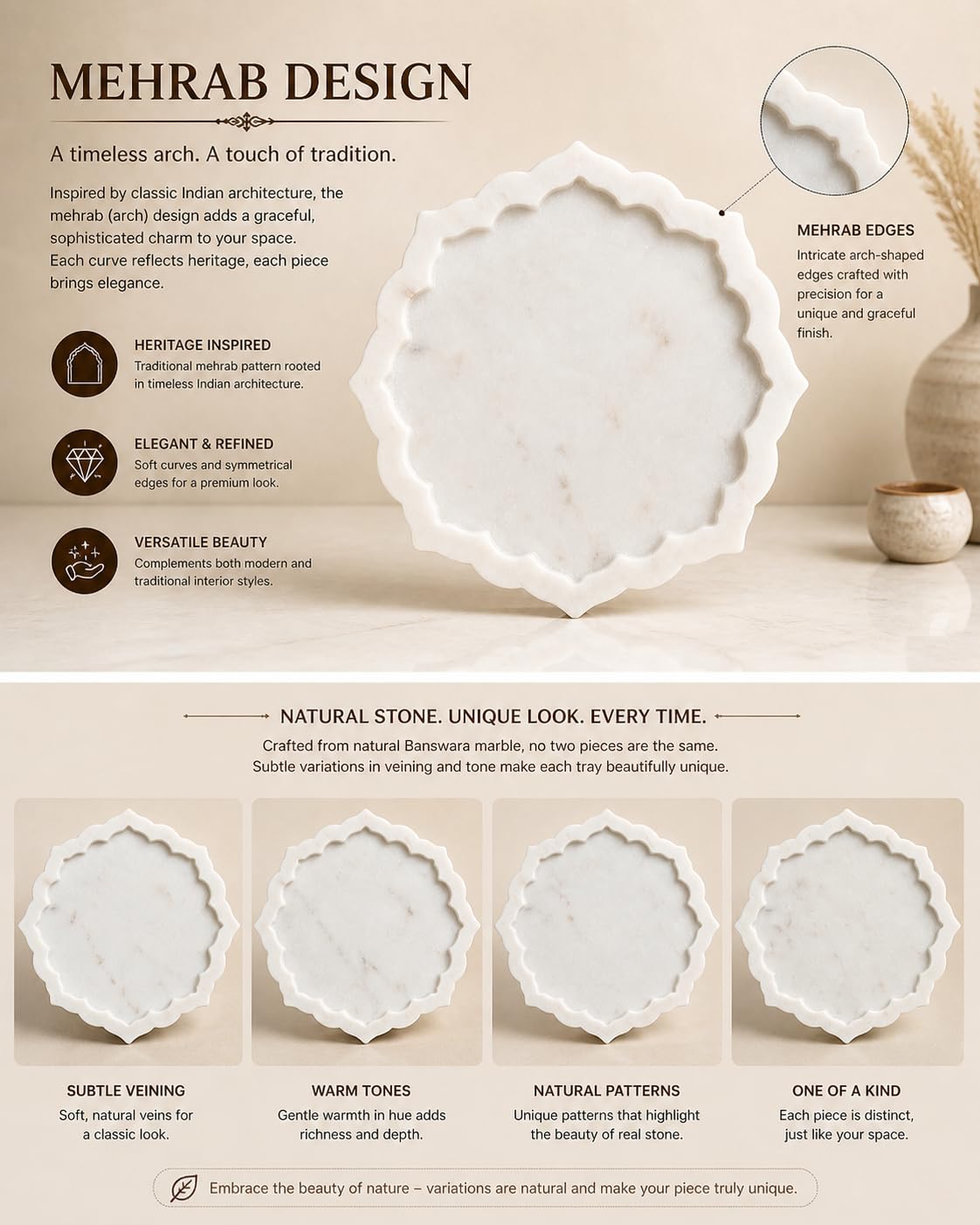 Kay31 10 Inch White Marble Serving Tray with Scalloped Edge, Round Decorative Platter for Jewelry, Vanity Organizer, Home Décor, Decorative Tray (DT-10)