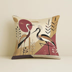 STITCHNEST Satin Cushion Covers Cranes with Tribal Botanical Motifs in Earthy Tones, 24x24 Inch, Pack of 2 for Sofa, Living Room or Boho Minimalist Interiors