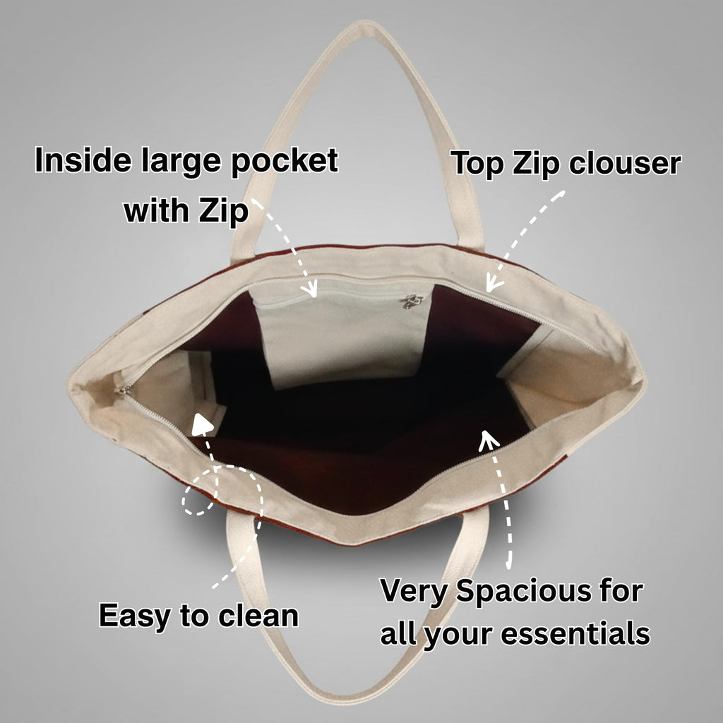 MyBri Studio Cotton Canvas Tote Bag for Women | Premium Reusable Shoulder Handbag with Zip Closure & Inner Zip Pocket | Stylish Everyday Bag for Office, College, Shopping & Travel (Rich burgundy)
