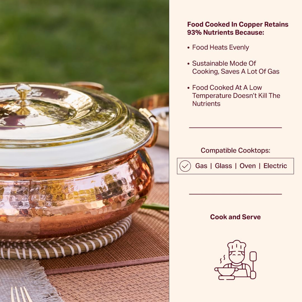 P•TAL Copper Hammered Lagaan 4L | Tin Coated with Brass Lid | 100% Pure Copper Degchi for Cooking Biryani Handi Ptal Brass Utensils for Kitchen