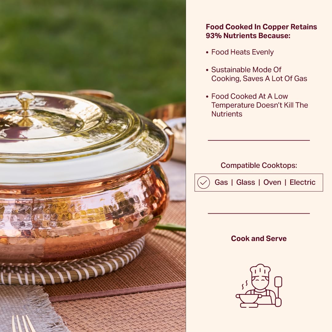 P•TAL Copper Hammered Lagaan 4L | Tin Coated with Brass Lid | 100% Pure Copper Degchi for Cooking Biryani Handi Ptal Brass Utensils for Kitchen
