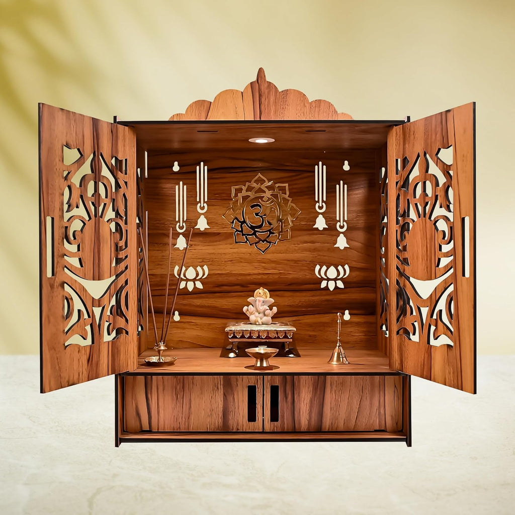 LAVKUSH Art Creation Wooden Temple for Home Mandir with Doors & Drawer | Handcrafted Wall Mount Pooja Mandir with LED Light & OM Design | Wooden Pooja Temple for Home & Office (16x9x11 Inch)