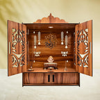 LAVKUSH Art Creation Wooden Temple for Home Mandir with Doors & Drawer | Handcrafted Wall Mount Pooja Mandir with LED Light & OM Design | Wooden Pooja Temple for Home & Office (16x9x11 Inch)