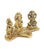 KridayKraft Laxmi Ganesh Saraswati Gold Plated Showpiece Statue with Oil Lamp Diya for Home Decor