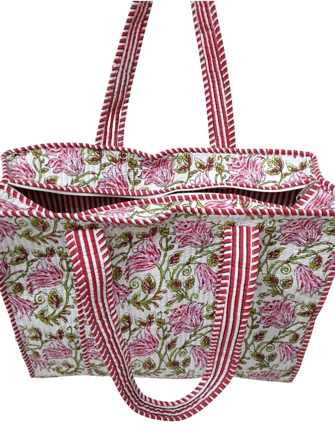 Doraya Cotton Printed Tote Bag,Hand Bag Multicolor Quilted Hand Block Floral Printed Women's Carry Bag Shoulder Shopping Tote Bags 18x5.5x16 Inch (White 2)