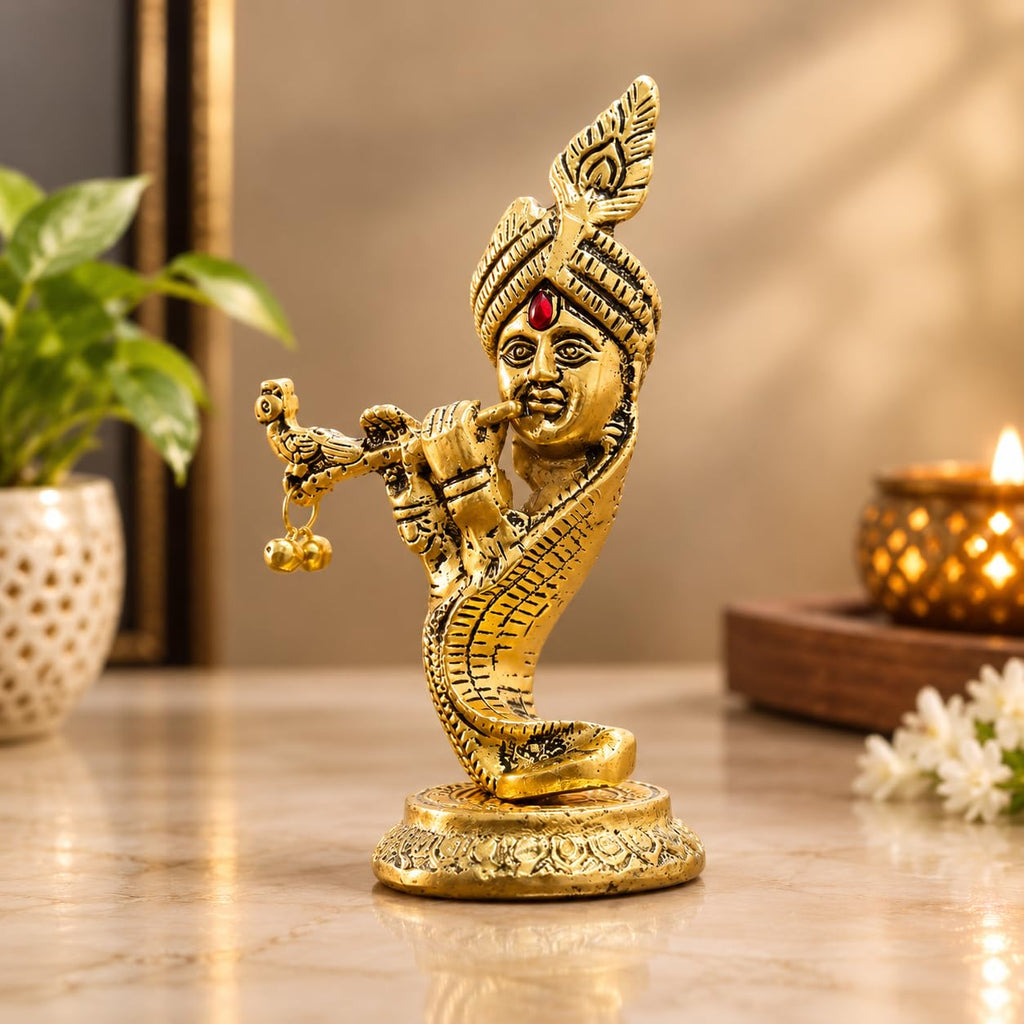 KridayKraft Lord Krishna Idol Playing Flute with Peacock, 14 cm Golden Aluminium Bansuri Krishna Murti for Home Mandir, Pooja Room, Janmashtami Décor & Religious Gifting