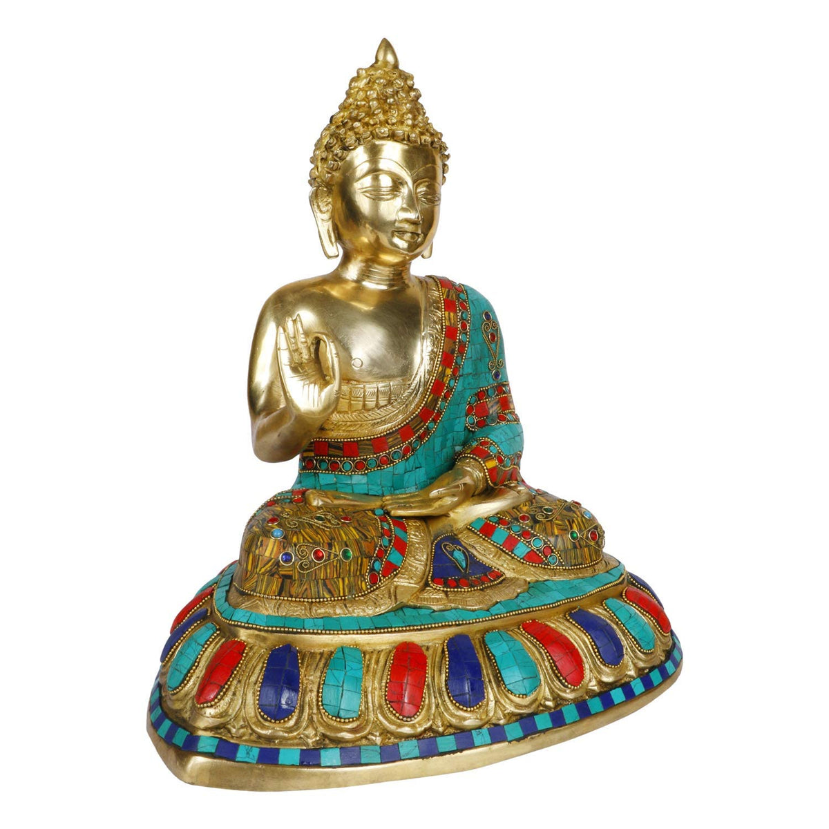 Svarup Brass Gautam Buddha Idol Statue Murti Draped in Stone Embellished Shawl for Home Decoration Blessing Buddha Height 14 Inch Weight 7.9 Kg Color Turquoise