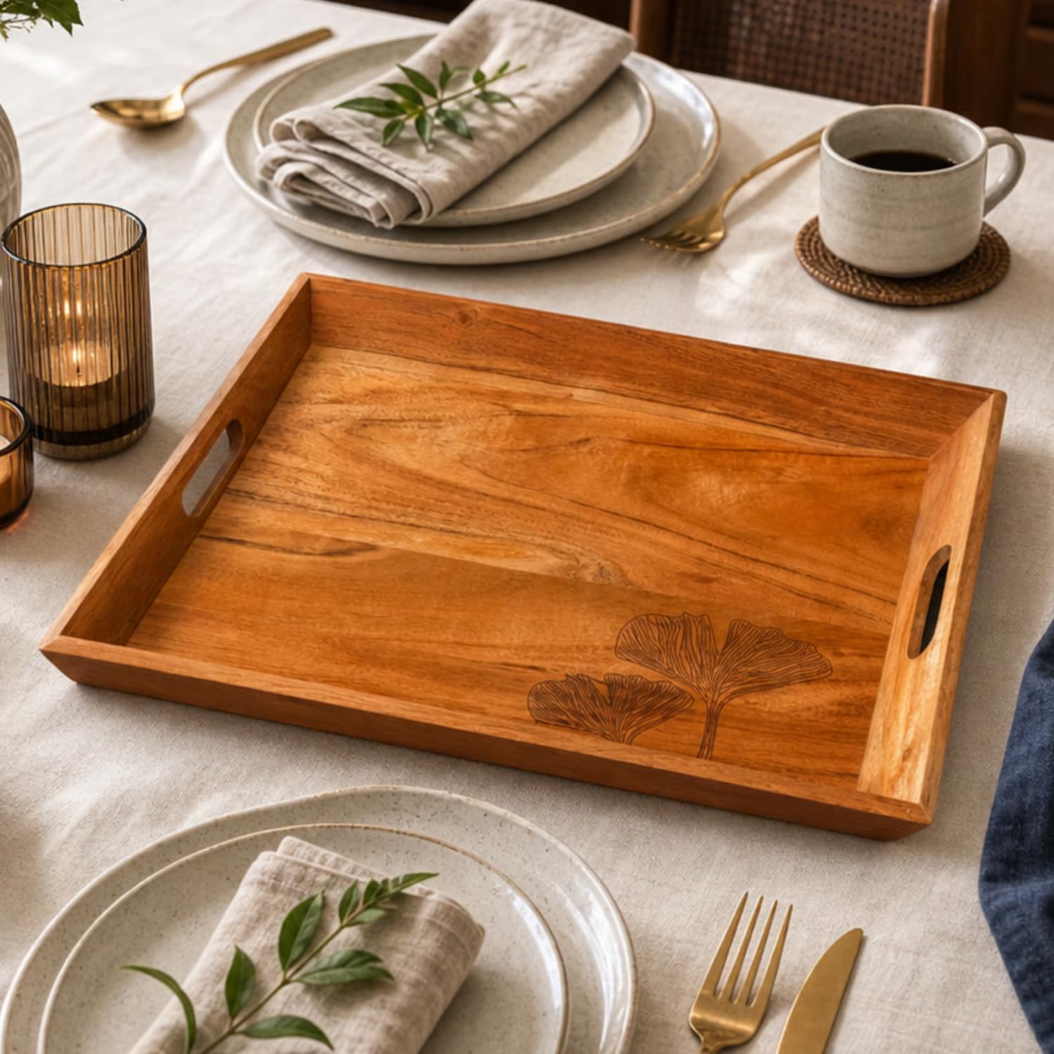 The Sanctum Handcrafted Hand-Painted Print Serving Tray | Premium Wooden Entertaining Tray | Decorative Home Décor Accessory | Part of Six-Piece Artisan Collection