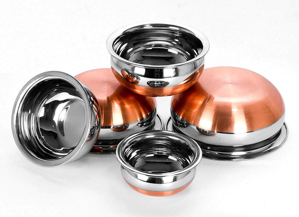 GlamourShop Stainless Steel Copper Base Serving Bowls Handi Set of 5 Pieces, Handi Set with Serving Bowl Set/Cookware Set/Sauce Pot and Handis (5 Handi Without Lid's)