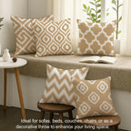 STITCHNEST Set of 5 Polycotton Cushion Covers – 16x16 Inches – Beige & White Ikat Geometric Print – Elegant Cushion Covers for Sofa & Living Room Decor