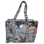 The House of RajPadmini Floral Quilted Cotton Shopping Tote Bag, 16x16 inches, Striped Trim, External Bottle Pocket (Animal Print Azure Blue (250 GSM Cotton))