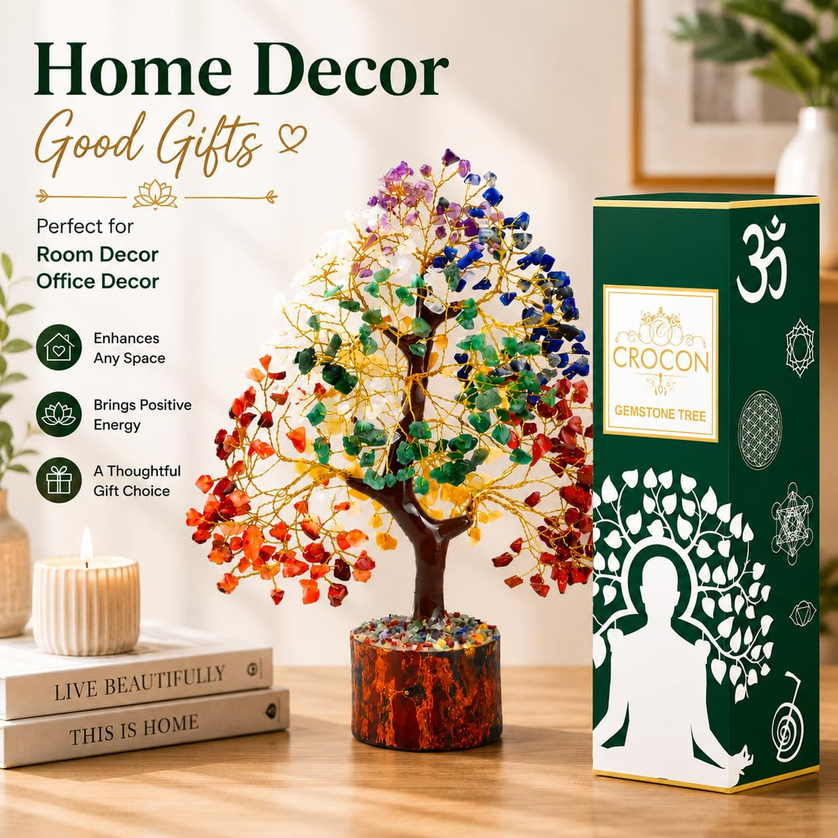 Crocon Seven Chakra Tree of Life for Positive Energy - Feng Shui Decor, Fake Bonsai, Crystals and Healing Stones, Money Tree, Room Decor 7 Chakra, Stone, Healing Crystals, Spiritual Gifts