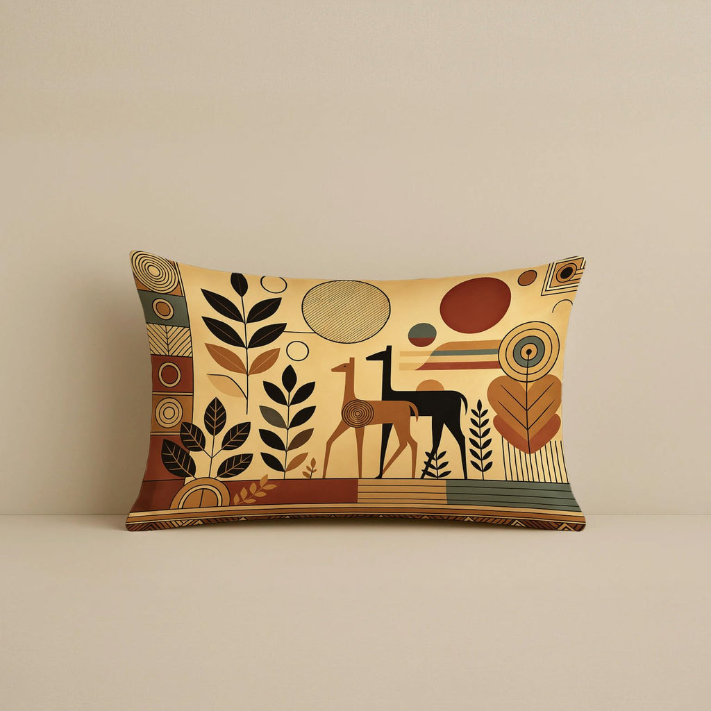 STITCHNEST Satin Cushion Covers Cranes with Tribal Botanical Motifs in Earthy Tones, 12x18 Inch, Pack of 2 for Sofa, Living Room or Boho Minimalist Interiors