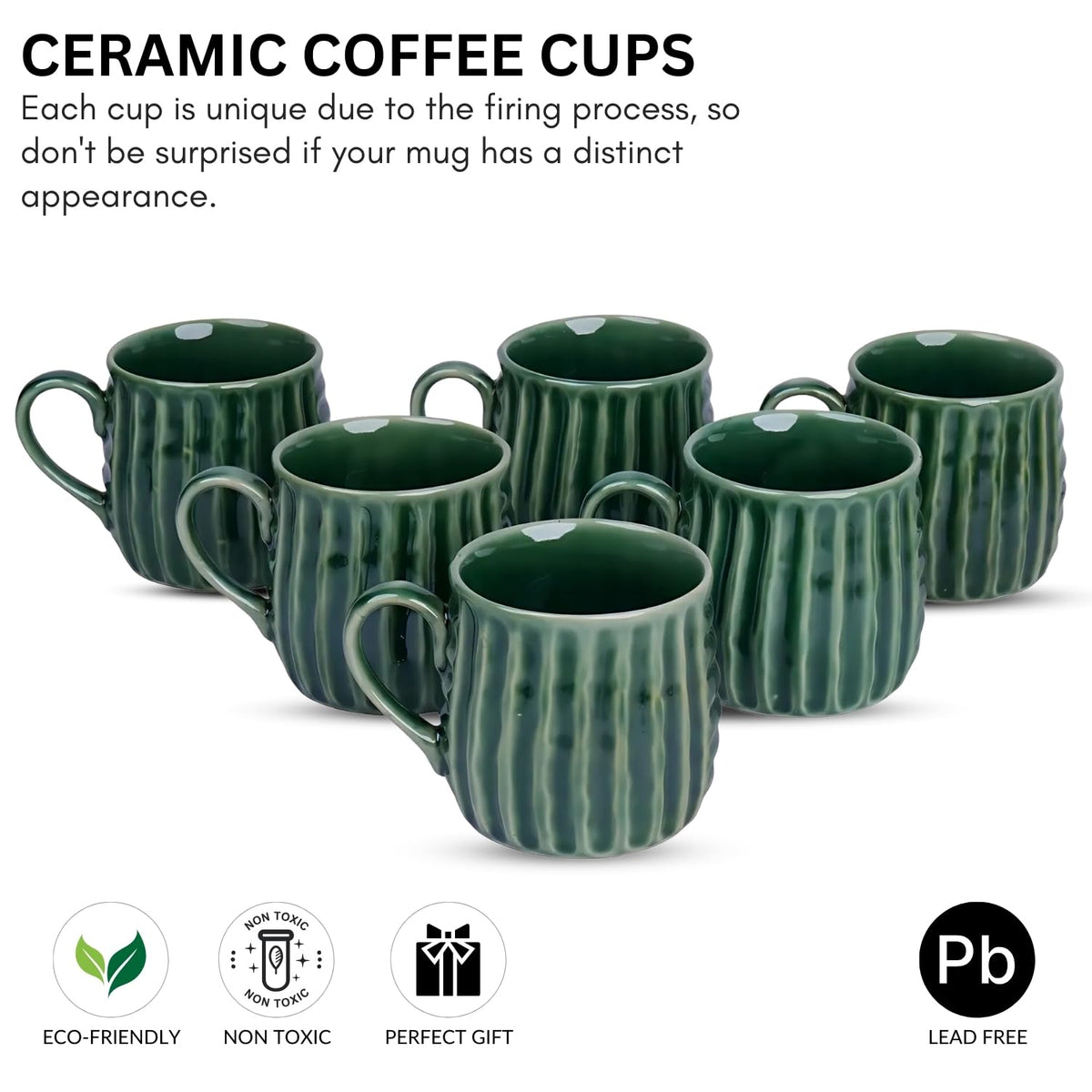 VarEesha Hand-Made Copper Green Ceramic Coffee Mugs Set of Six|Tea Cups Set of 6 | Microwave Safe Dishwasher Safe | Lead Free