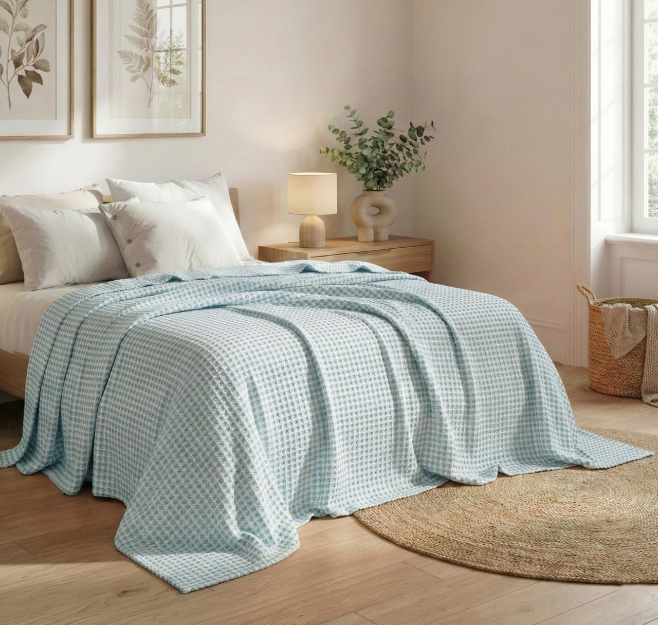 SANMARINO Cotton Waffle Summer Blanket Single Bed – Lightweight Breathable AC Blanket, Soft Cooling Bedspread for All Season Comfort - Arctic Breeze 220 x 152 cm, 200–250 GSM Kafalo