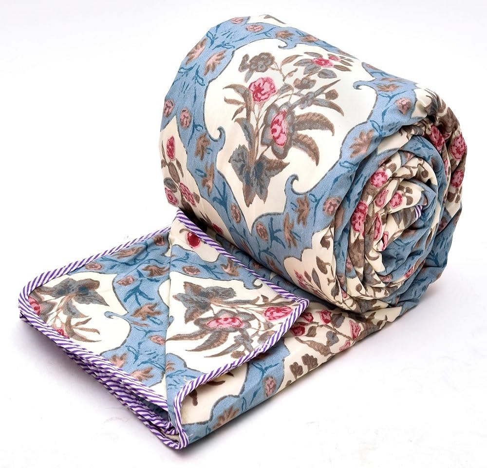 COZY FURNISH Summer Single Bed Blanket 144x220CM, Cooling Microfiber Cotton, Lightweight 150GSM AC Comforter, Soft Breathable Floral Print Quilt,Summer & AC use Mild Winter,Perfect for Gifting, Pink Kafalo