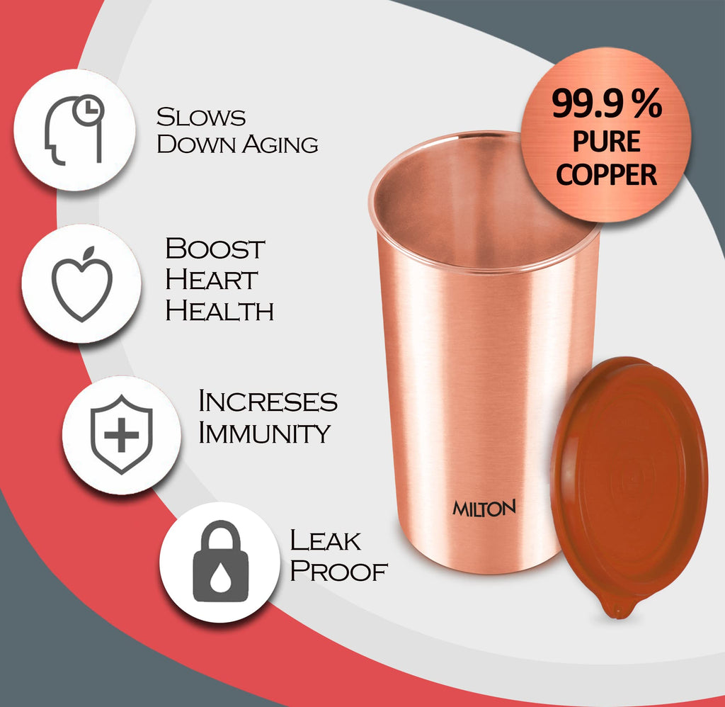 MILTON Copper Drinking Water Tumbler with Lid, Set of 3, 480 ml Each, Copper | 100% Leak Proof | Office | Gym | Yoga | Home | Kitchen | Hiking | Treking | Travel Tumbler