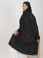 ANA Eshaal Black Floral Prayer Dress – Pure Cotton Prayer Dress with Tie Knot, 50″ Front × 58″ Back | Attached Sleeves | Lightweight, Breathable for Hajj, Umrah & Salah