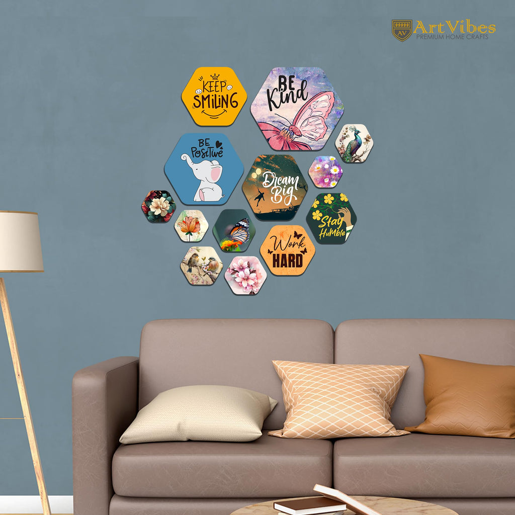 Artvibes Be Kind Decorative Hexagon Shape MDF Wooden Wall Hanging | Quotes Decor Item | Wall Poster | Office Decor | Inspirational Quotes Wall Art | Mdf Wall Decoration | Gifts (WPS_214N), Set of 13