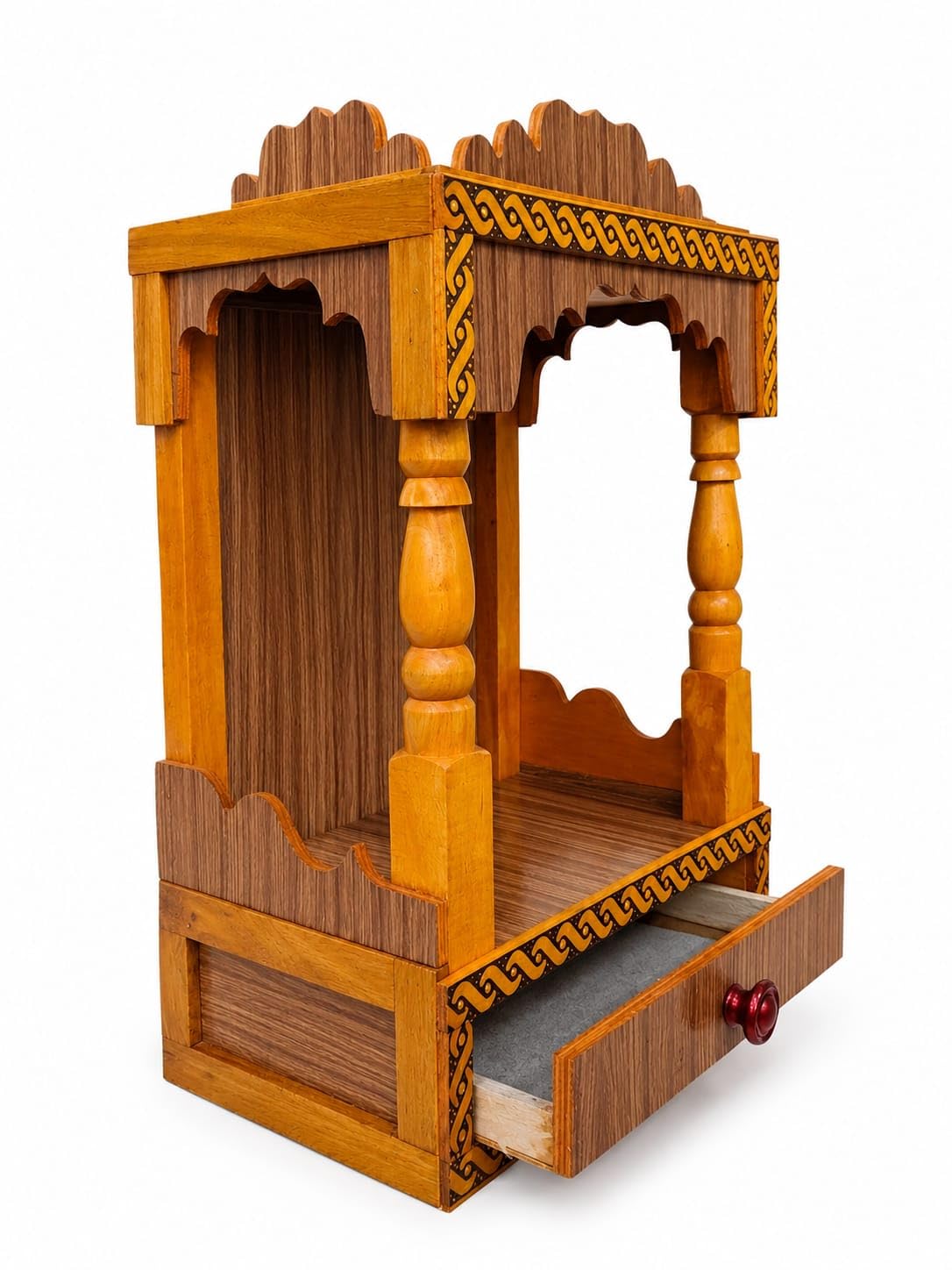 Handcrafted Wooden Temple for Home & Office | Compact Puja Mandir with Storage Drawer & Traditional Carvings | Elegant Pooja Ghar Mandapam (Size: 45 x 32 x 22 cm)