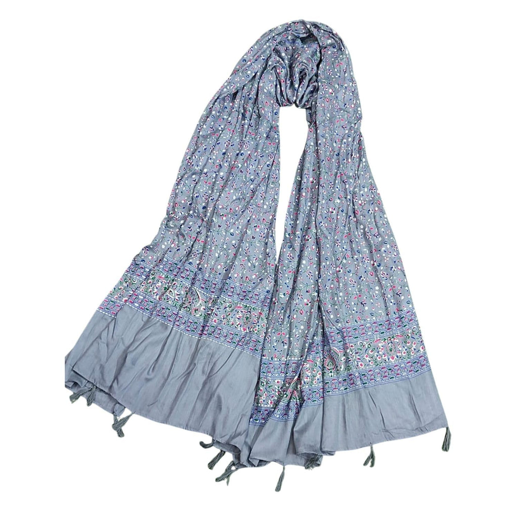 JAHAN TEXTILE Floral Printed Scarf for Women | Soft Lightweight Dupatta/Stole with Tassels | Elegant Ethnic & Casual Wear Wrap | Stylish Designer Shawl for All Seasons (Grey)