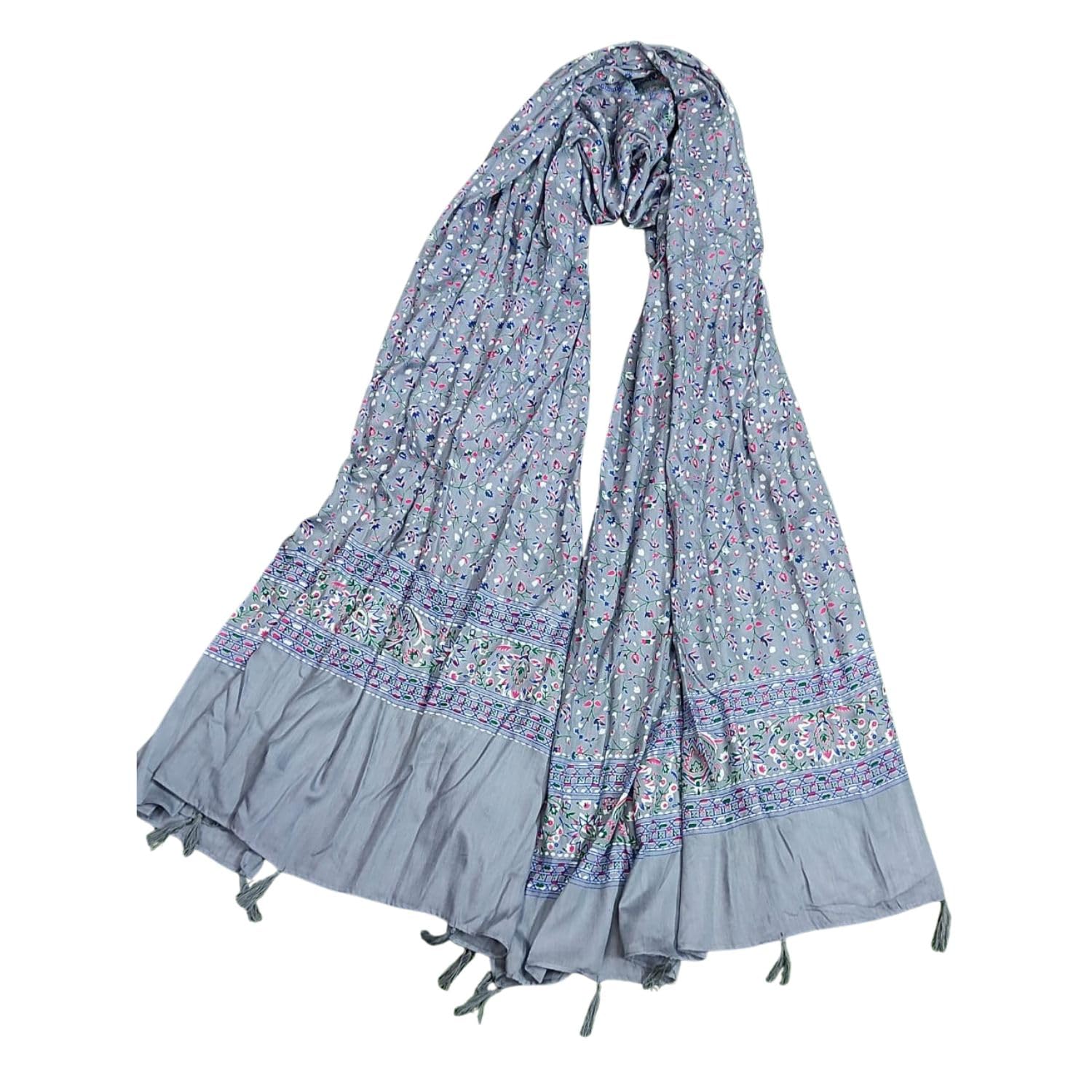 JAHAN TEXTILE Floral Printed Scarf for Women | Soft Lightweight Dupatta/Stole with Tassels | Elegant Ethnic & Casual Wear Wrap | Stylish Designer Shawl for All Seasons (Grey)
