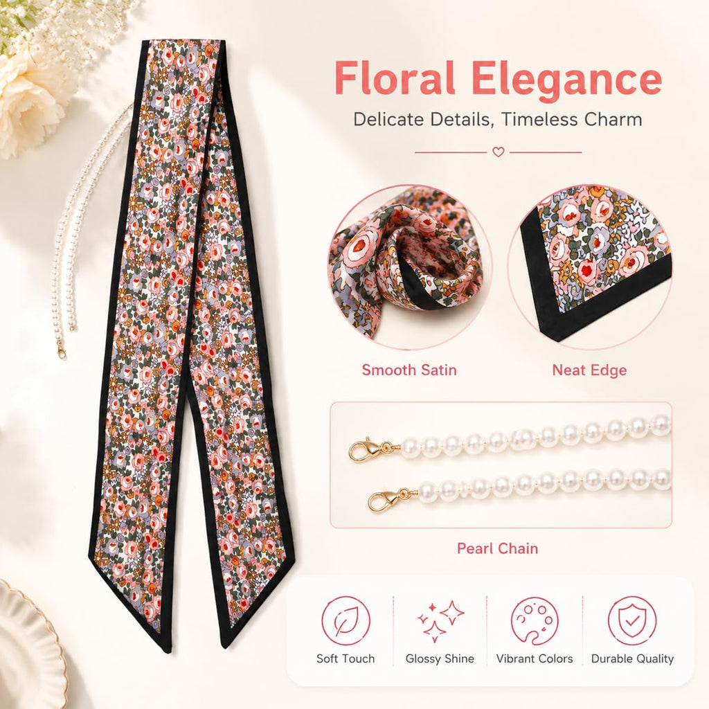 Floral Print Neck Hair Scarf for Women With Faux Pearl Chain Handbag Decor