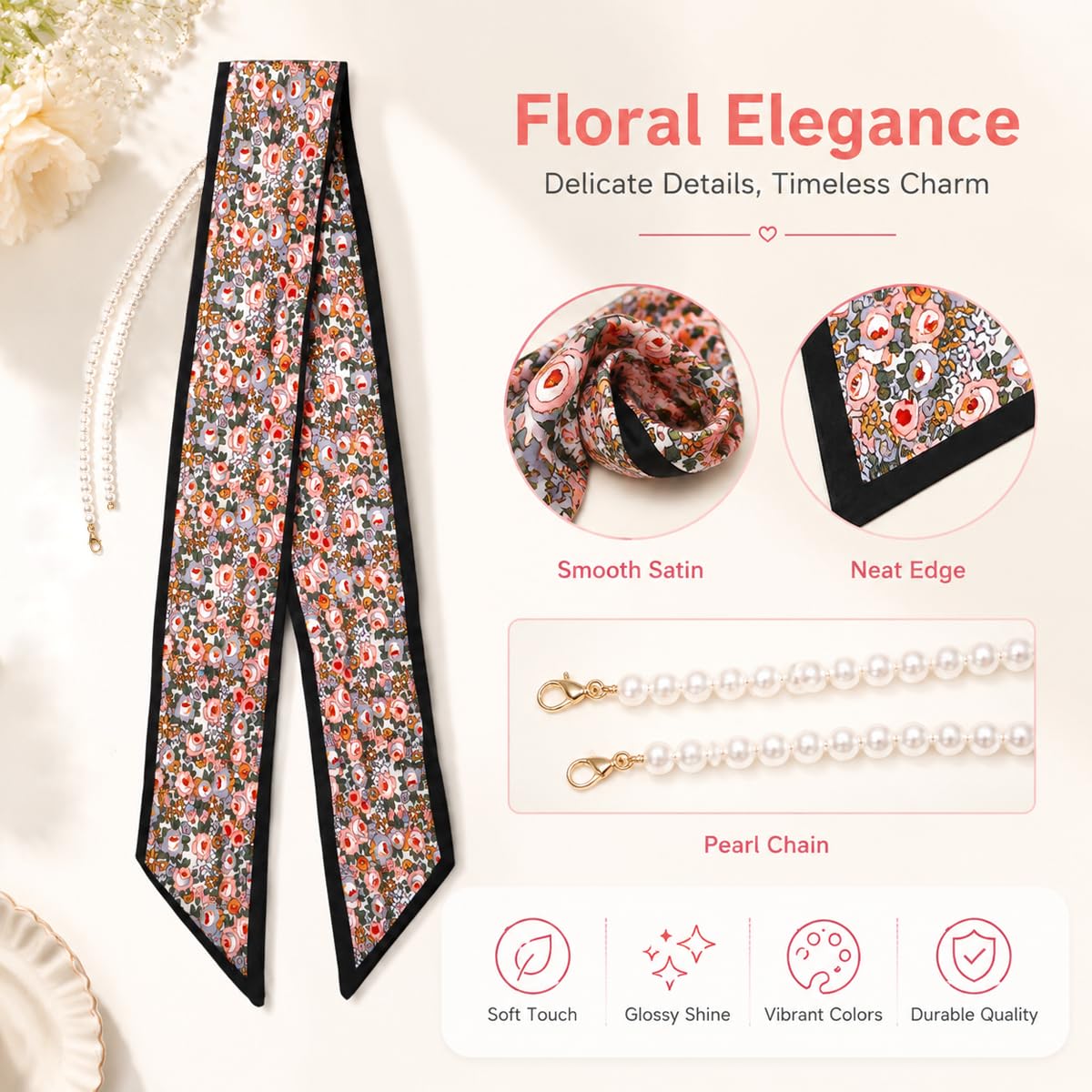 Floral Print Neck Hair Scarf for Women With Faux Pearl Chain Handbag Decor
