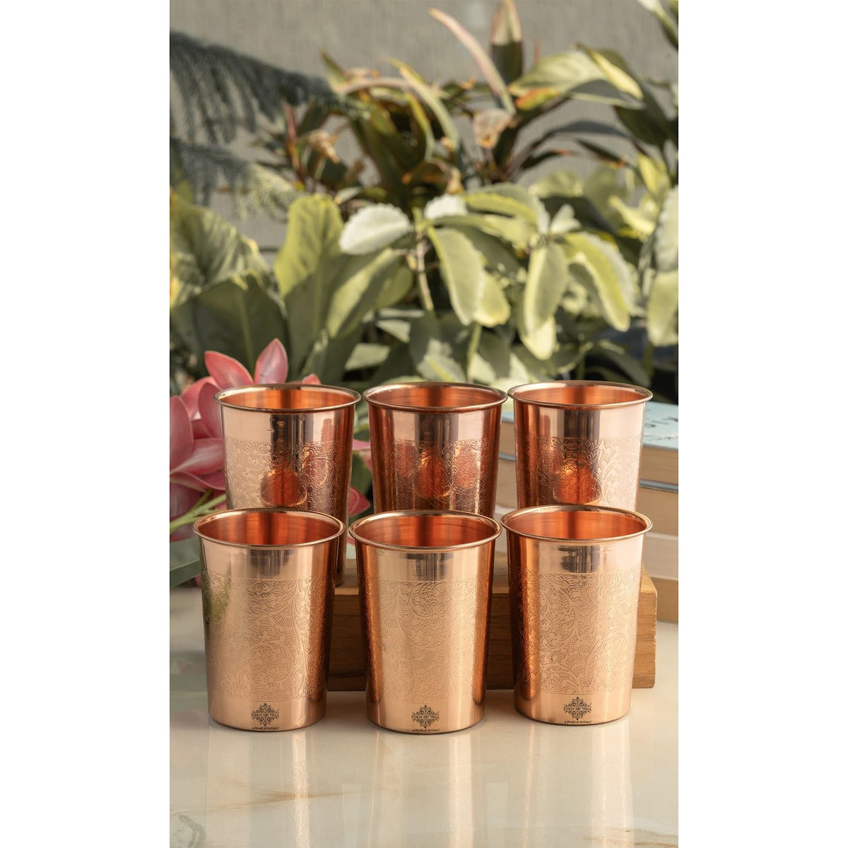 INDIAN ART VILLA Pure Copper Embossed Design Glass - 275 ML, Copper Tumbler for Water Drinking, Elegant Drinkware & Serveware, Perfect for Gifting, Home, and Festive Décor, Set of 6