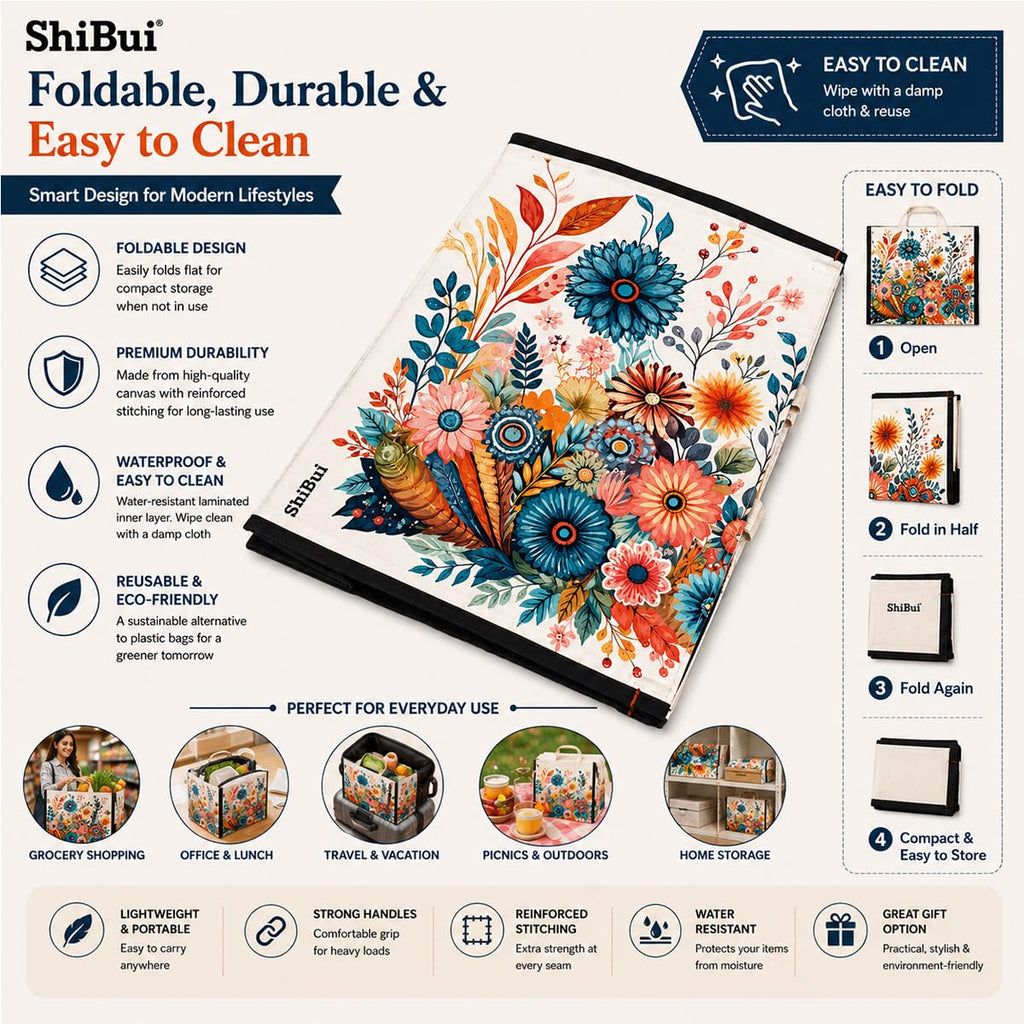 SHIBUI Big Heavy Duty Large Eco Waterproof Cotton Canvas Cloth Grocery Shopping Bag for Men Ladies Vegetable Milk Fruits with Hand Carry Handle Lunch Box Jhola Tote Bags (6, Flower Print 2)