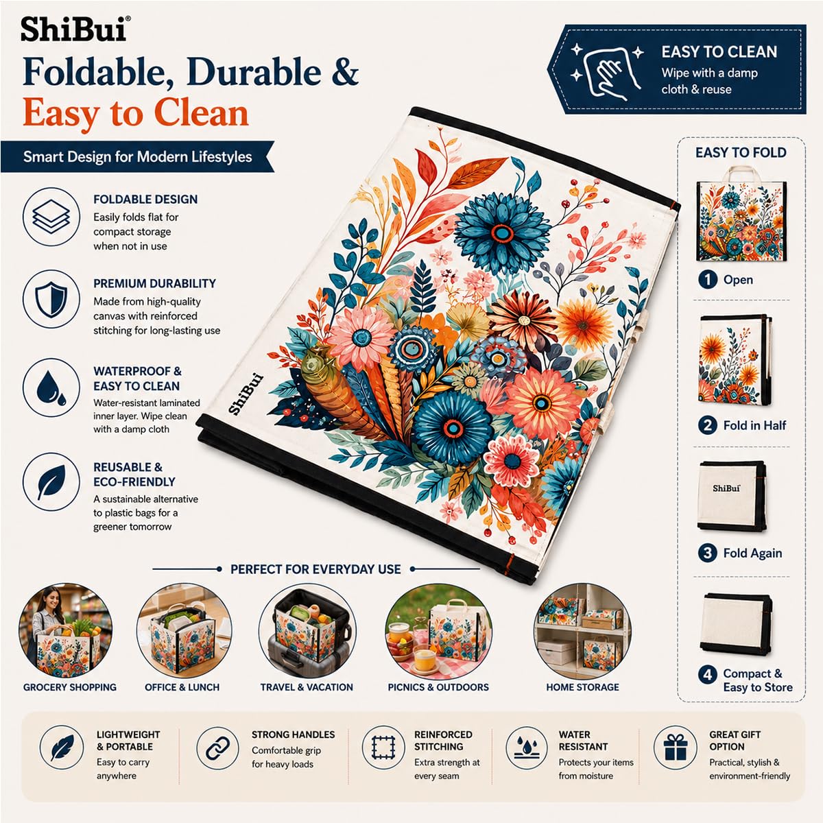 SHIBUI Big Heavy Duty Large Eco Waterproof Cotton Canvas Cloth Grocery Shopping Bag for Men Ladies Vegetable Milk Fruits with Hand Carry Handle Lunch Box Jhola Tote Bags (6, Flower Print 2)