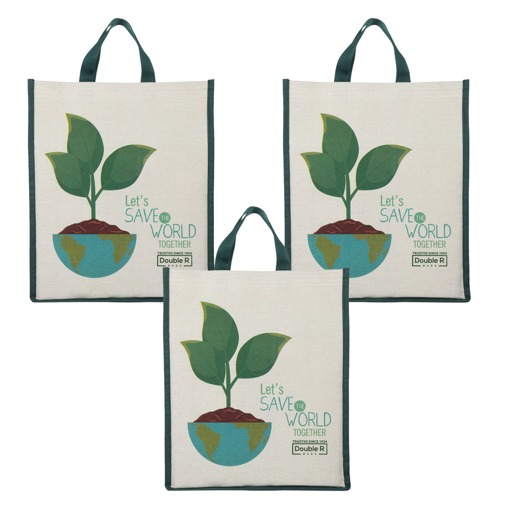 DOUBLE R BAGS Unisex Eco-Friendly Reusable Cotton Canvas Casual Bag with Reinforced Handles (Let Save, 40.6x35x10 cm) | Multi-Purpose Grocery, Kitchen Essentials, Fruits & Veggies Bag | Pack of 3