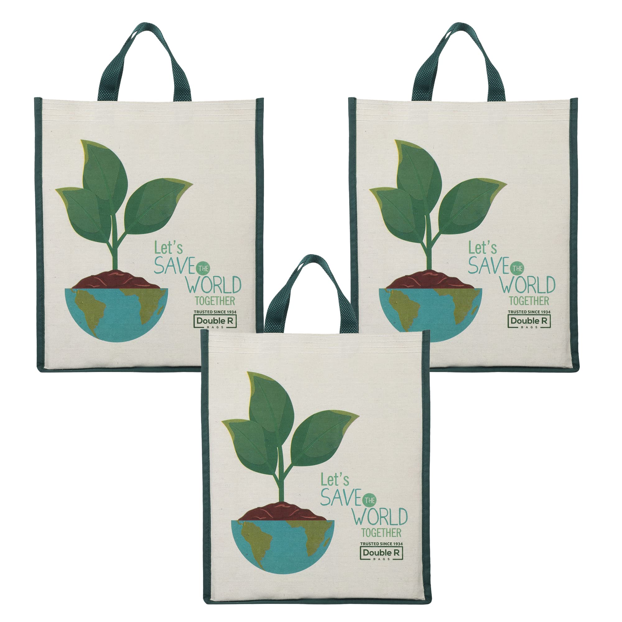DOUBLE R BAGS Unisex Eco-Friendly Reusable Cotton Canvas Casual Bag with Reinforced Handles (Let Save, 40.6x35x10 cm) | Multi-Purpose Grocery, Kitchen Essentials, Fruits & Veggies Bag | Pack of 3