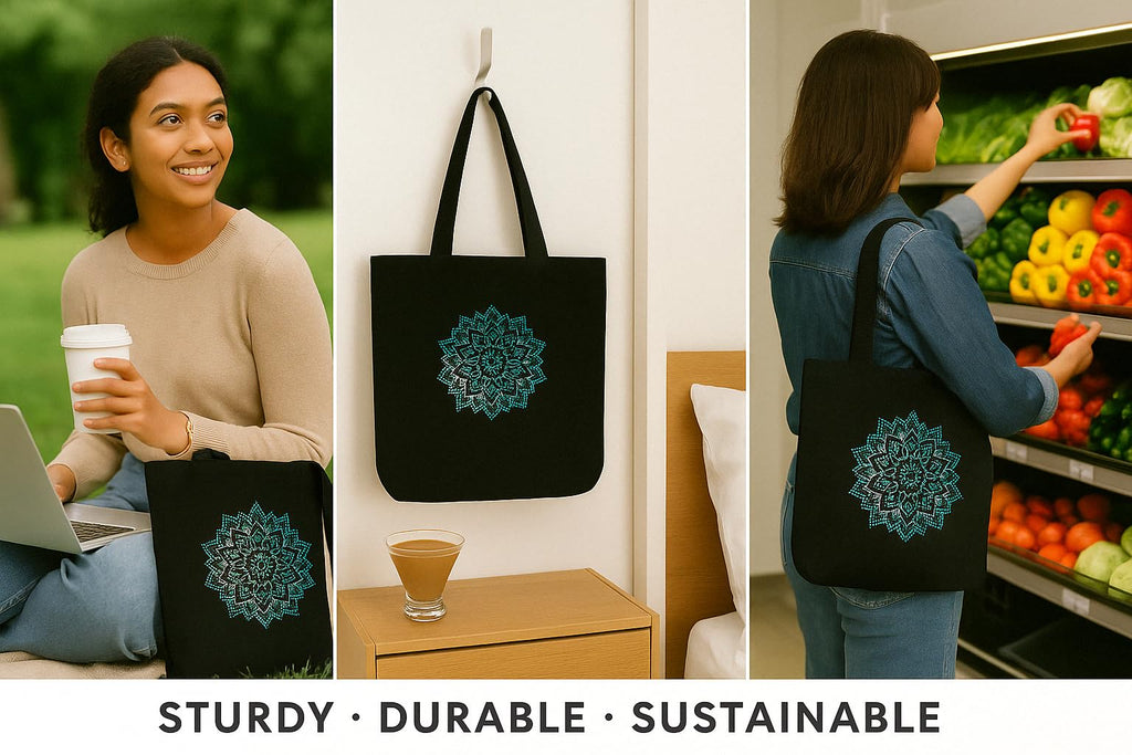 MASQ by Q-One Cute Genes Foldable Reusable Tote Bag for Women with Zip | College Bag for Girls | 100% Organic Canvas Tote for Shopping, Travel & Beach | (Mandala)
