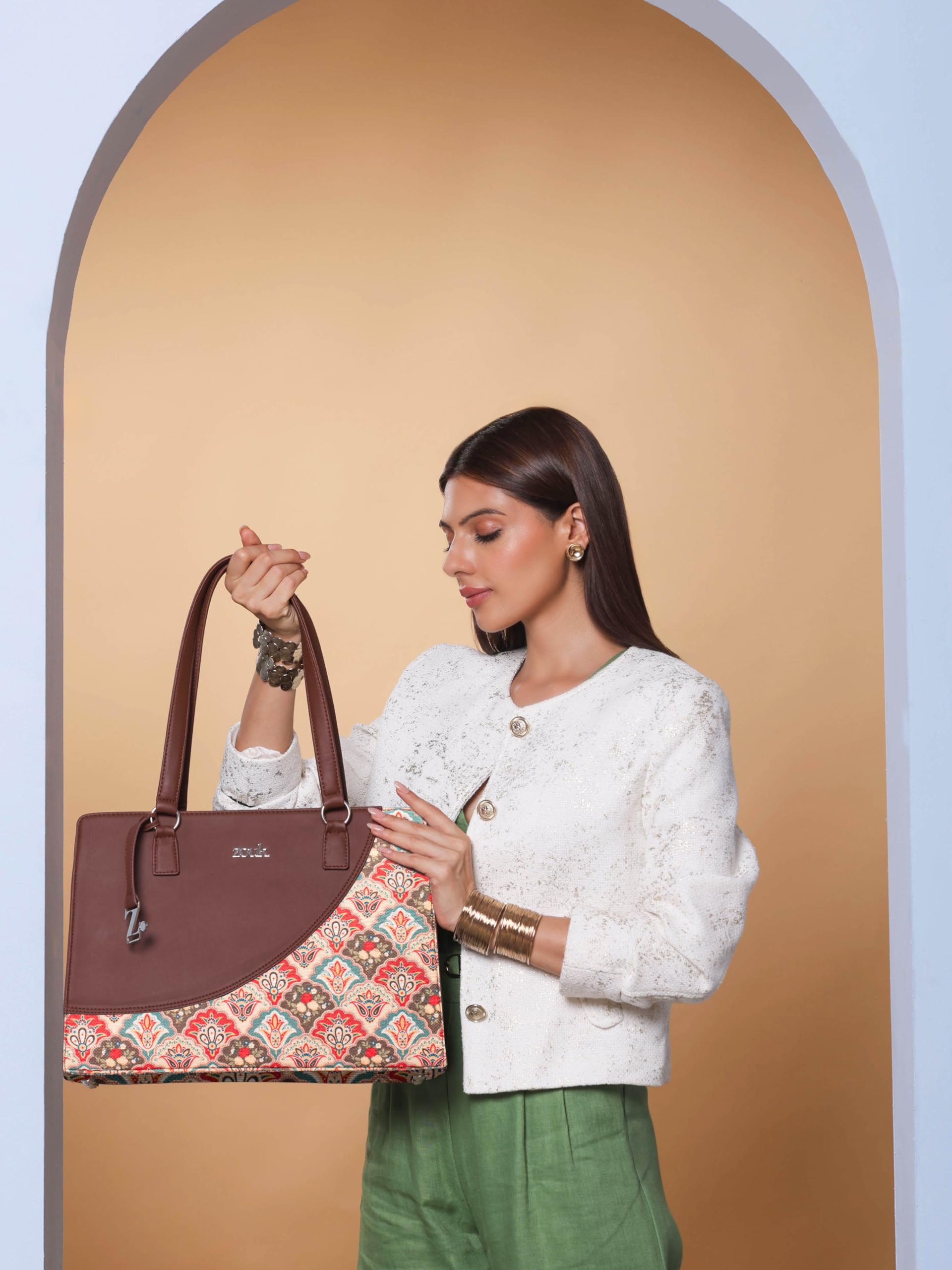 ZOUK Mughal Art Multicolor Office Essential Bag | Jute | Vegan Leather Handcrafted Tote Bag With Double Handle Shoulder Strap| Multicolor