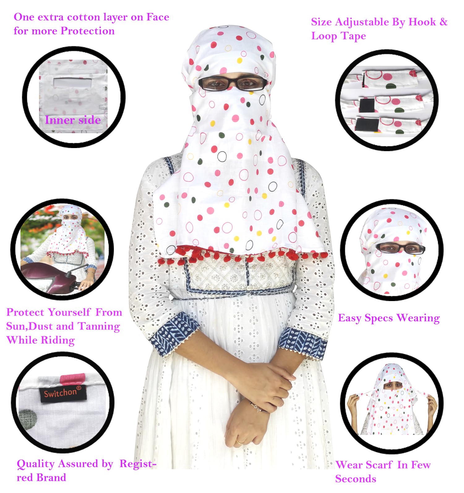 Switchon Export quality Cotton Innovative scarf hijab for women with closer Hook and Loop Tape - White-red