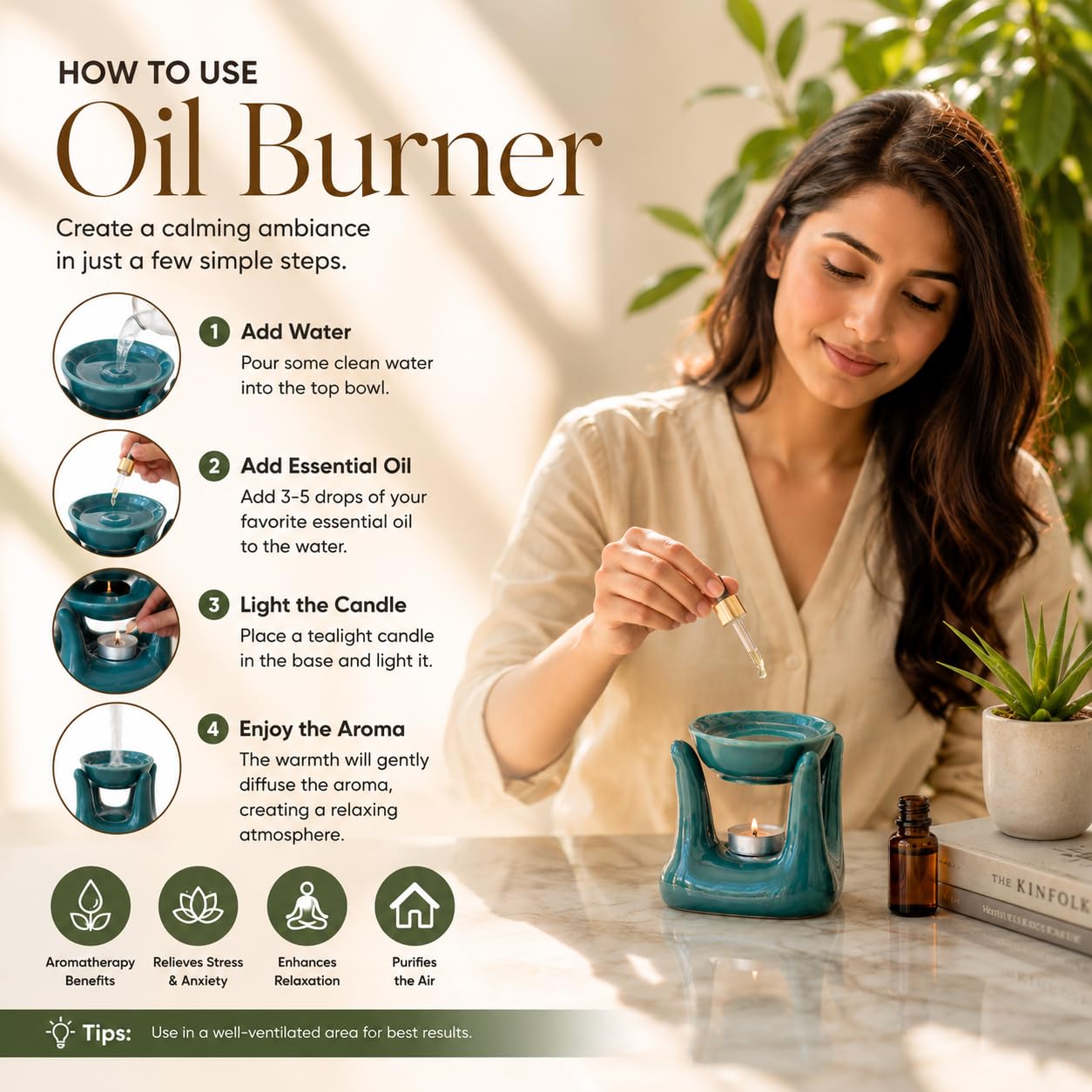 Pure Source India Ceramic Hand Type Oil Burner Diffuser for Home, Office, with 1 Tea Light Candle, Made by Porcelain (Green)