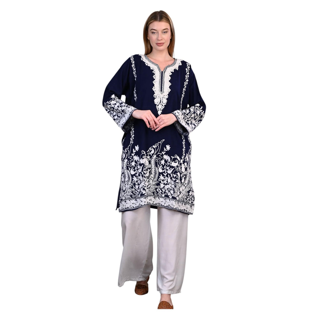 PASHMINA PARADISE Kashmiri Woolen Phiran | Traditional Kashmiri Motifs | Paisleys, Floral Vines & Ornamental Borders | Phiran for Women-Free Size (Midnight Blue with Ivory Embroidery)