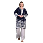 PASHMINA PARADISE Kashmiri Woolen Phiran | Traditional Kashmiri Motifs | Paisleys, Floral Vines & Ornamental Borders | Phiran for Women-Free Size (Midnight Blue with Ivory Embroidery)