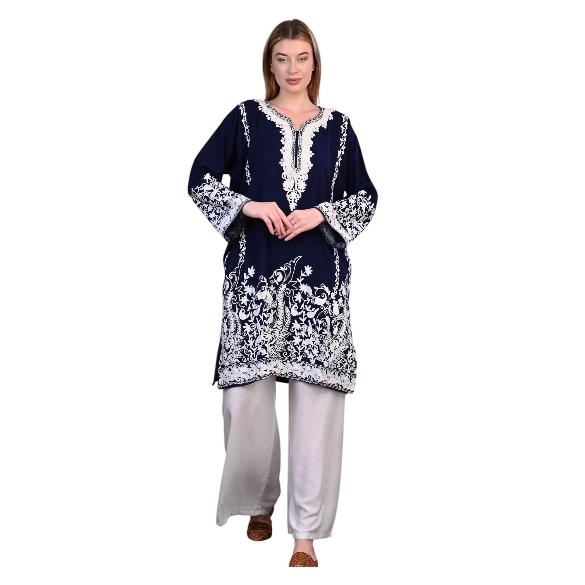 PASHMINA PARADISE Kashmiri Woolen Phiran | Traditional Kashmiri Motifs | Paisleys, Floral Vines & Ornamental Borders | Phiran for Women-Free Size (Midnight Blue with Ivory Embroidery)