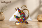 KridayKraft Metal Swan Napkin Holder for Dining Table, Golden Twin Swan Tissue Paper Stand with Leaf Design & Colourful Stone Work, Decorative Tableware for Home, Kitchen, Restaurant & Gifting.