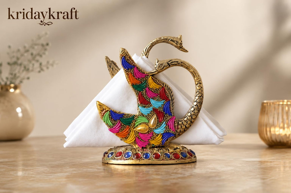 KridayKraft Metal Swan Napkin Holder for Dining Table, Golden Twin Swan Tissue Paper Stand with Leaf Design & Colourful Stone Work, Decorative Tableware for Home, Kitchen, Restaurant & Gifting.