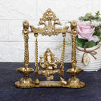 SVARUP Brass Ganesha On Jhoola Swing with Hanging Diya Showpiece, Beautiful Handcrafted Brass Ganesh Statue 9 Inch