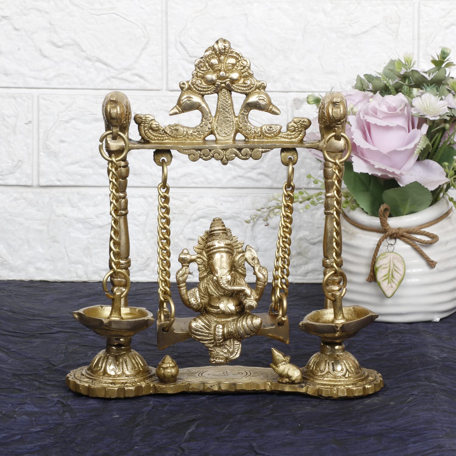 SVARUP Brass Ganesha On Jhoola Swing with Hanging Diya Showpiece, Beautiful Handcrafted Brass Ganesh Statue 9 Inch