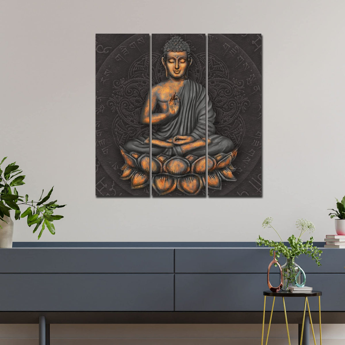 VIBECRAFTS Buddha Sitting On Lotus 3 Pieces Canvas Wall Painting Fitted With Wooden Frame For Home | Office | Living Room | Gifts (PTVC3Pcs1_9593)