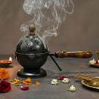 DSH Metal Loban Dani with Wooden Handle Round Dhoop Dani Incense Burner for Bakhoor, Sambrani, Puja & Home Fragrance (LBN-DOM-Black)