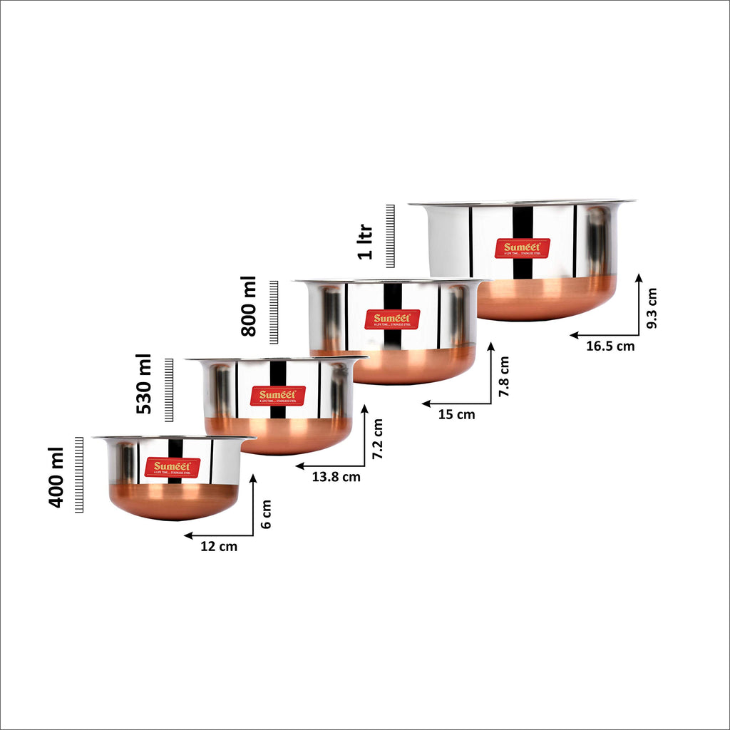 Sumeet Stainless Steel Copper Bottom 4Pc Tope Set with Lid (400Ml, 530Ml, 800Ml, 1Ltr)